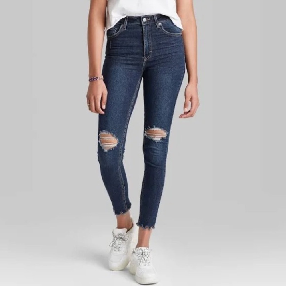 Wild Fable Dark Indigo Blue Distressed Highest Rise Raw Hem Skinny Jeans 12 31